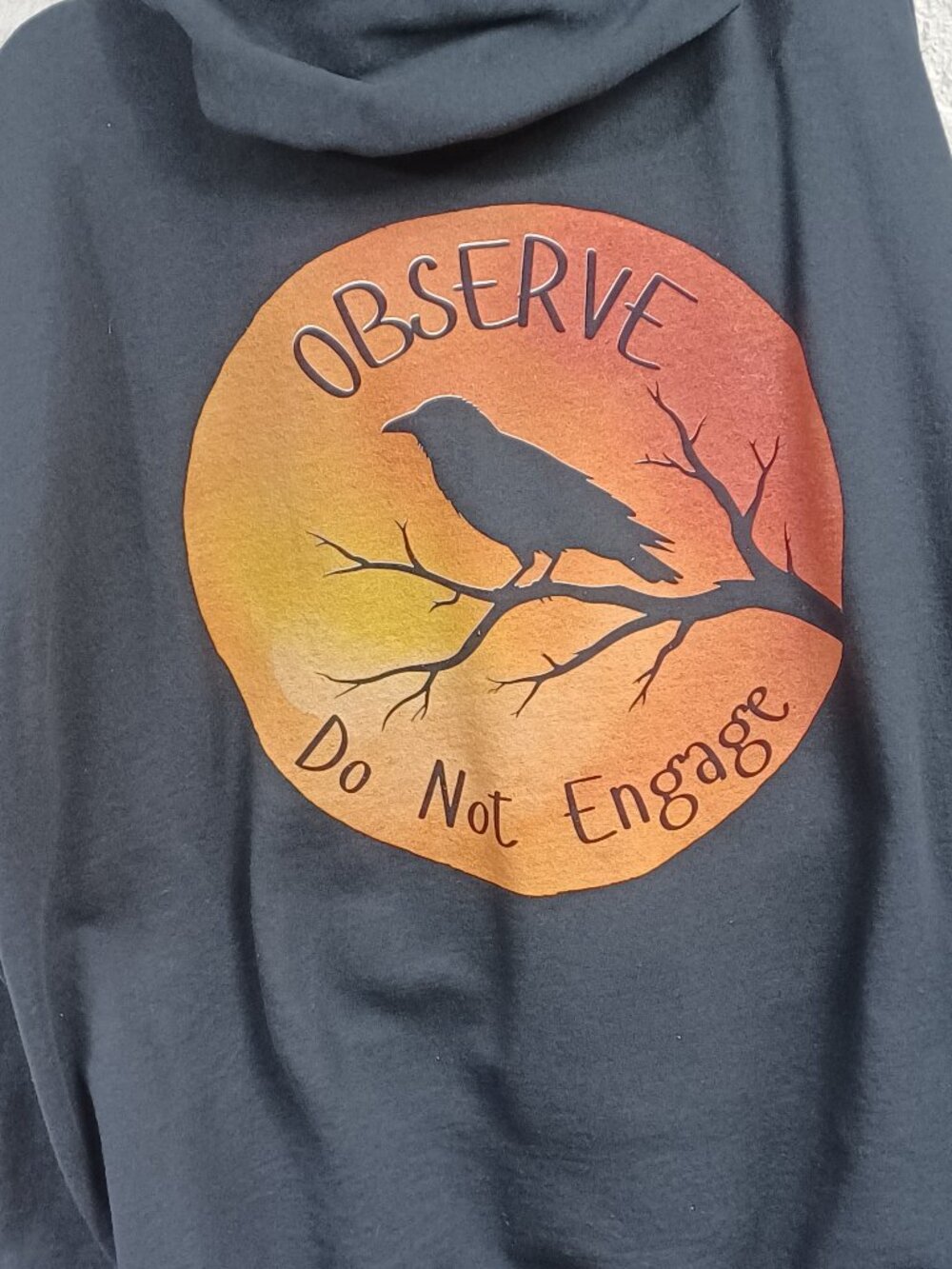Men's Black Zip up Heavy Hoodie Pockets XL Raven Sunset Observe do not Engage